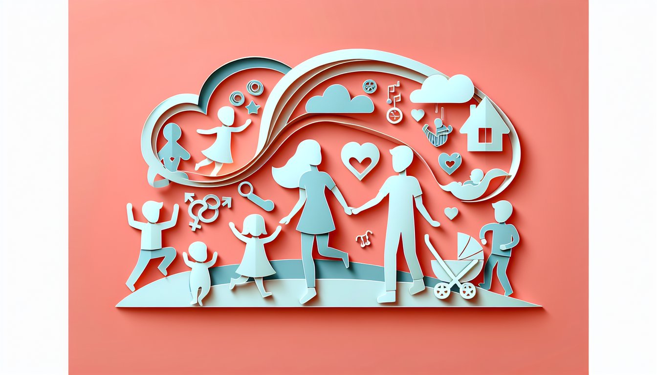 paper art illustration featuring parents and children on coral background inviting you to take a free parenting style quiz