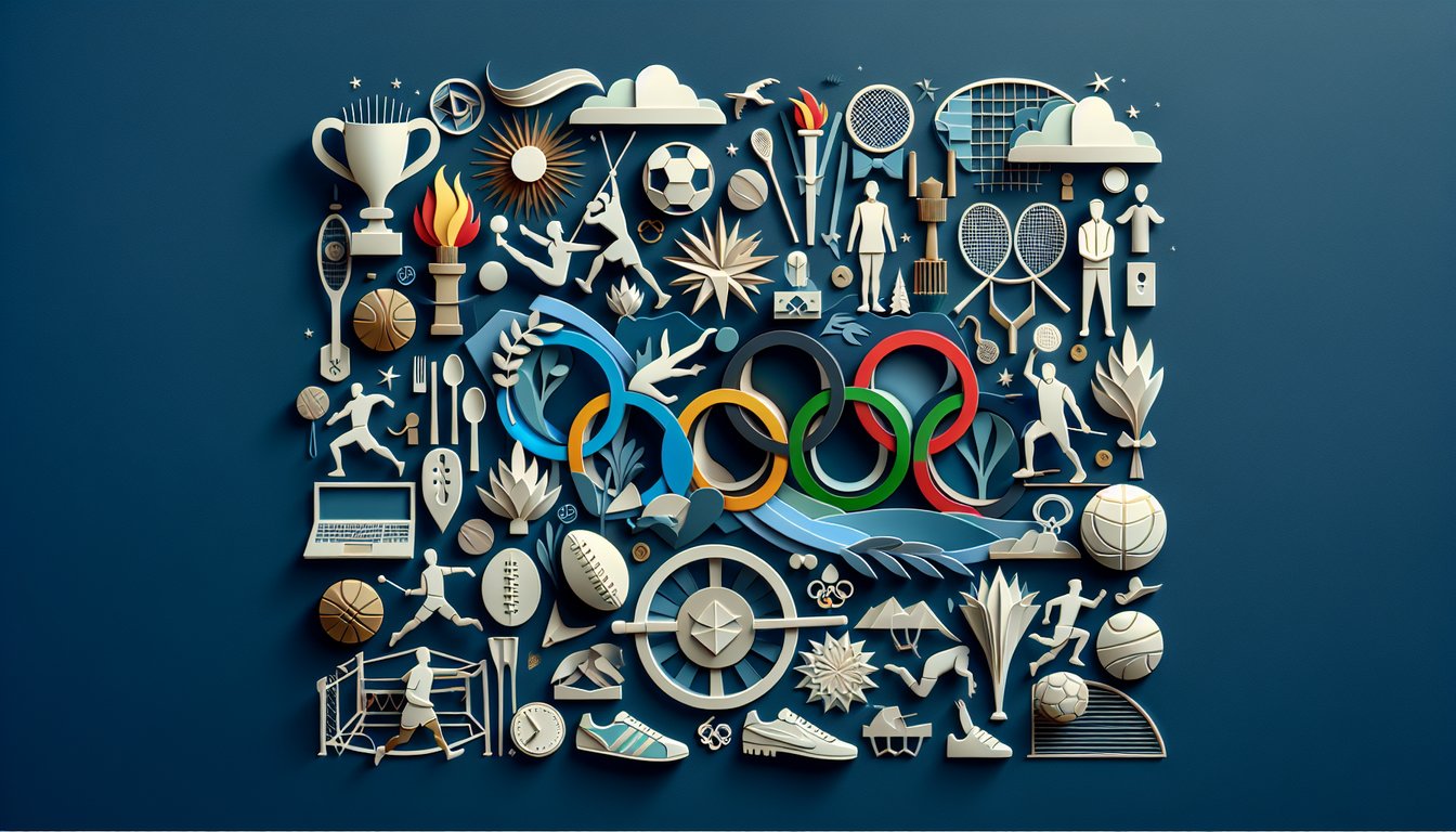 Paper art illustration showing paper cutout icons of Olympic sports around quiz heading on dark blue background