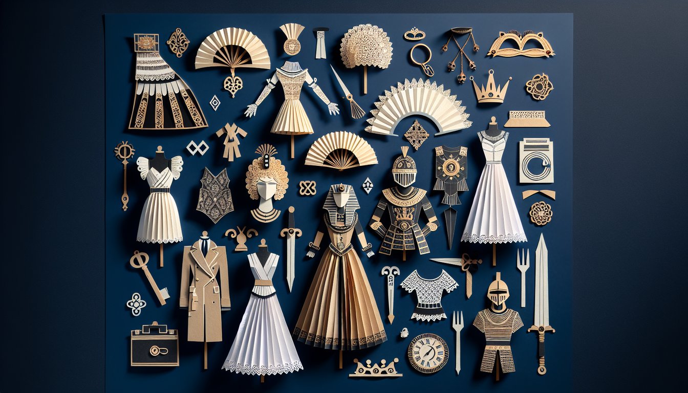 Colorful paper art representing questions and answers for a Fashion History Knowledge Quiz.