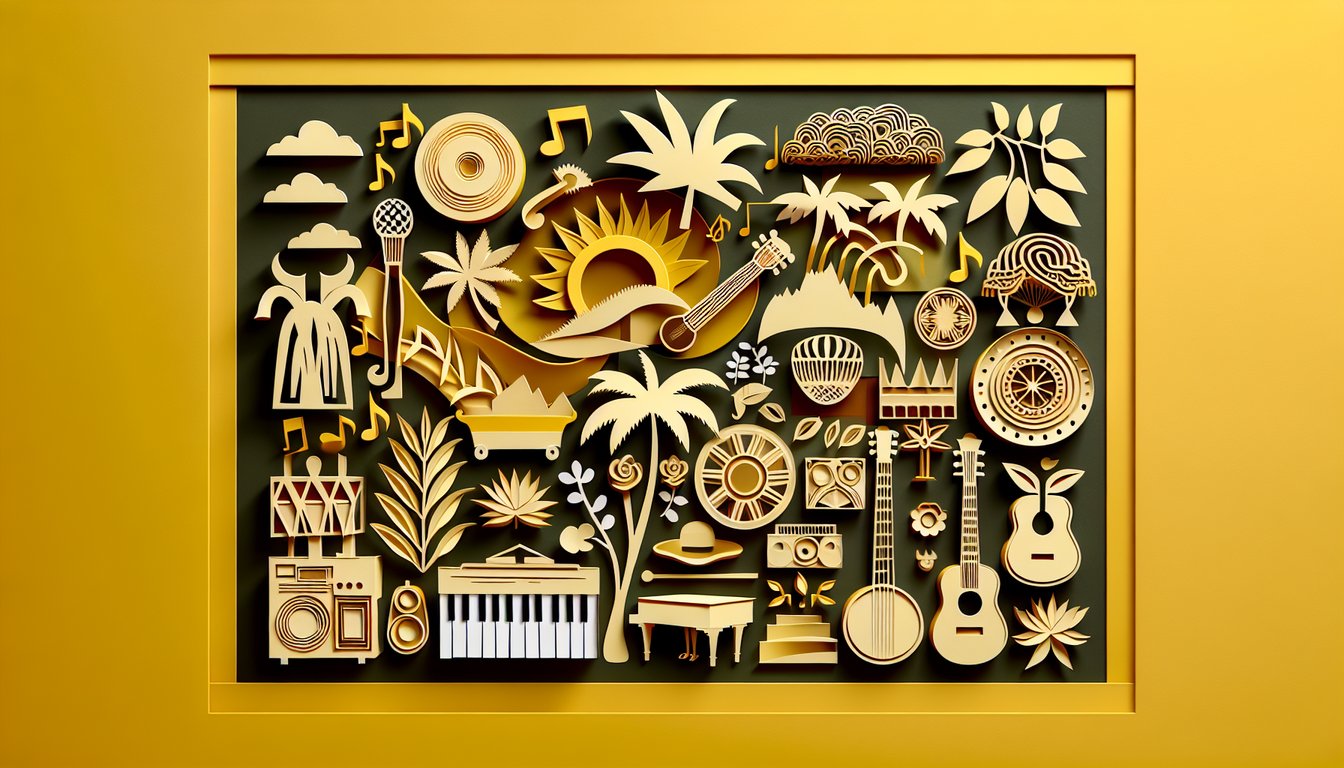 Layered paper art of Jamaican culture with tropical foliage historical motifs on golden background for Black History quiz