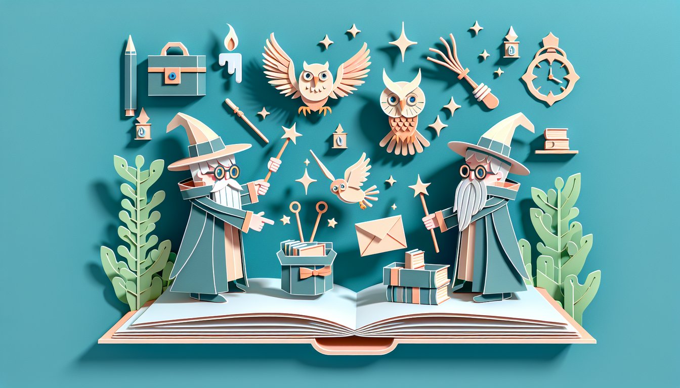 Paper art illustration two Weasley twins with hearts around quiz title text on teal background