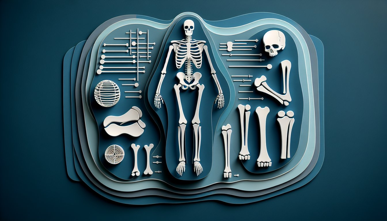 Paper art skeleton bones and joints on dark blue background with skeletal system quiz heading and anatomy labels