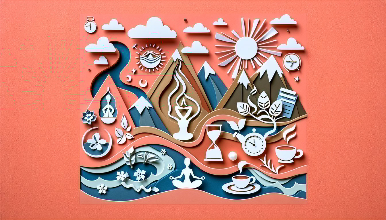 Paper art illustration for free stress level quiz on coral background with layered paper shapes and question prompt