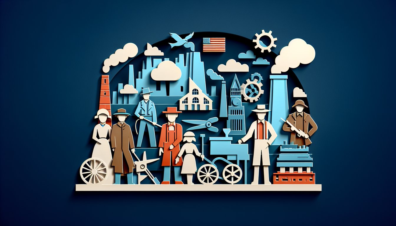 Paper art quiz on dark blue background with church and mill silhouettes for Joseph Smith and Samuel Slater APUSH review