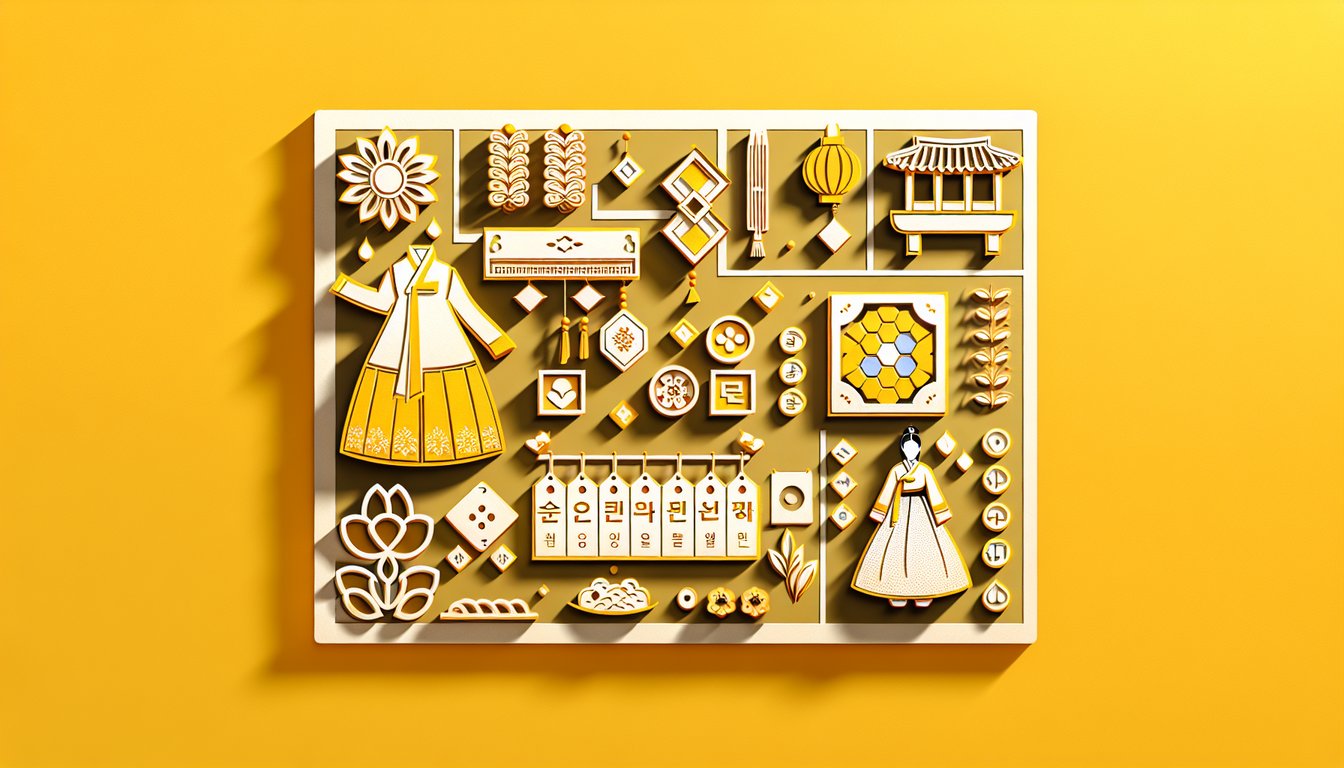 Paper art quiz illustration for finding your Korean name on a golden yellow background