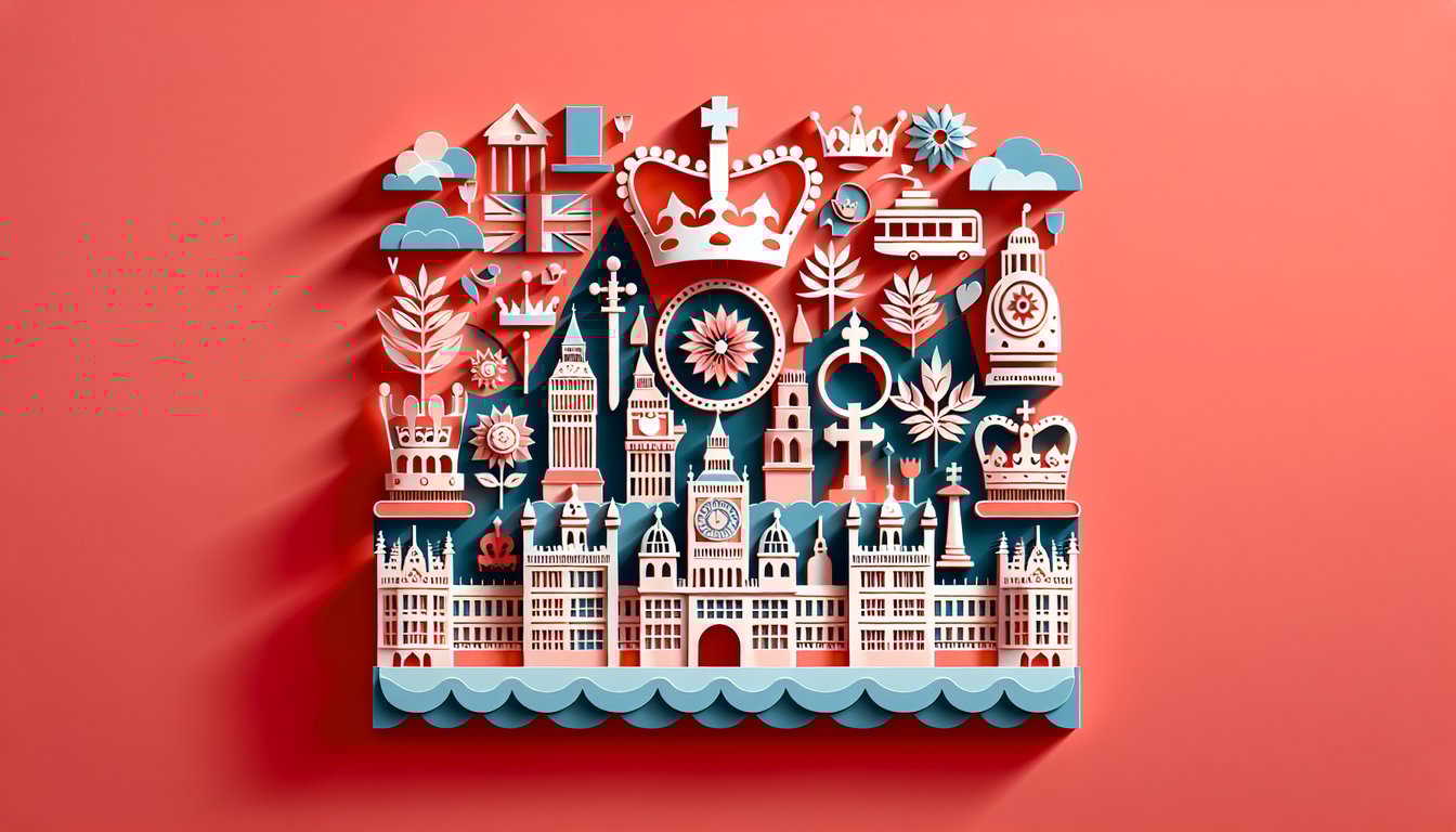 Coral background with paper cut style crown silhouette, royal corgi and portrait outlines for British monarchy trivia quiz