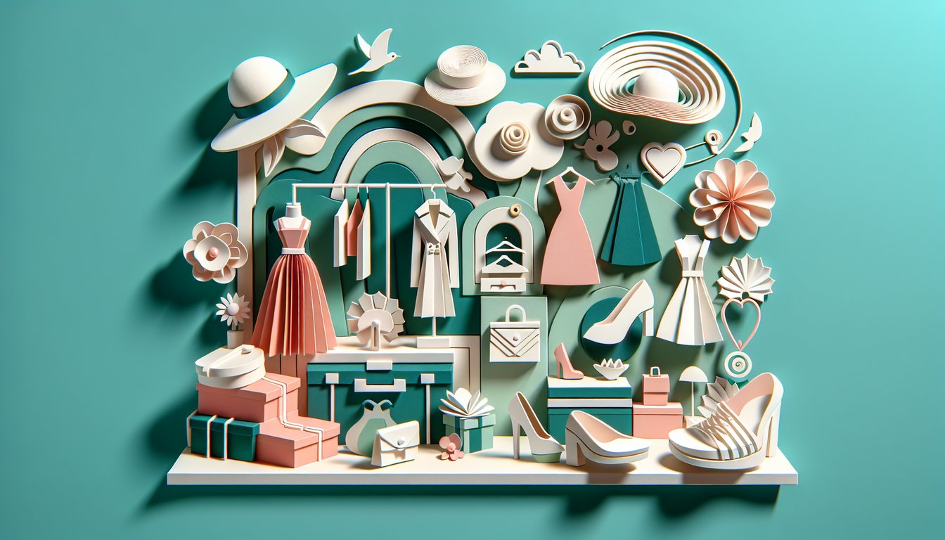 Paper cut collage of diverse fashion items including hats, shoes, handbags and outfits on teal background for style quiz