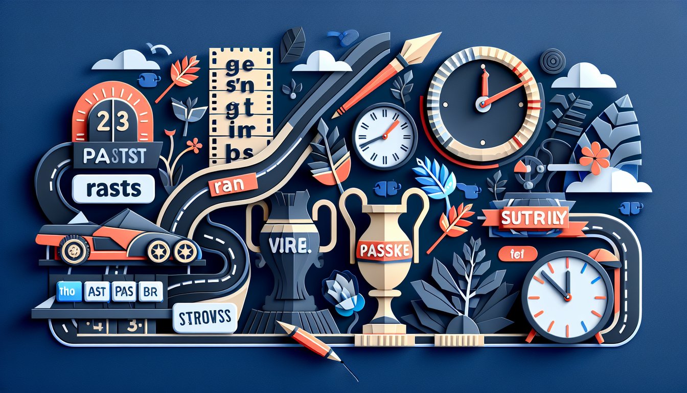 Paper art promoting Past Tense Showdown, a trivia game for high school students to test their English grammar skills.