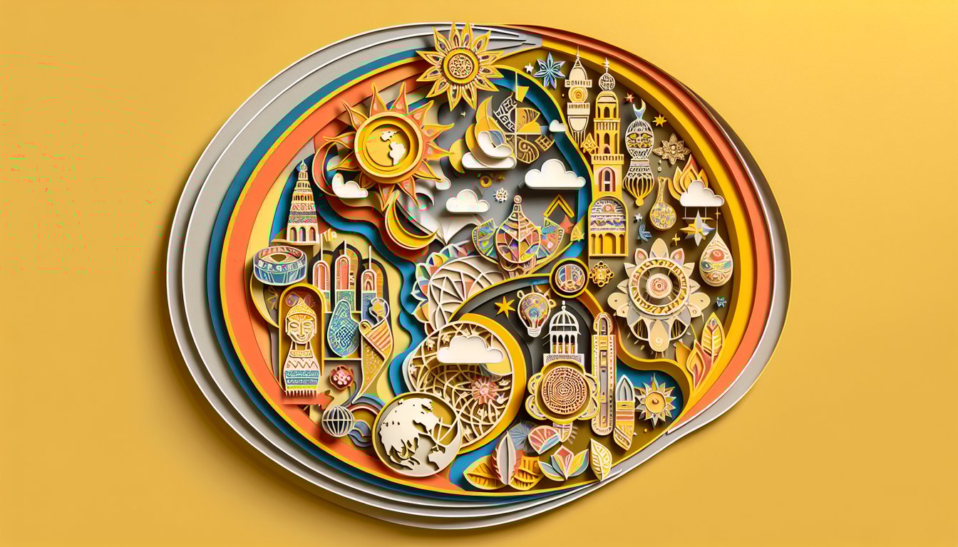 Paper art illustration for Diversity Trivia Quiz on a golden yellow background.