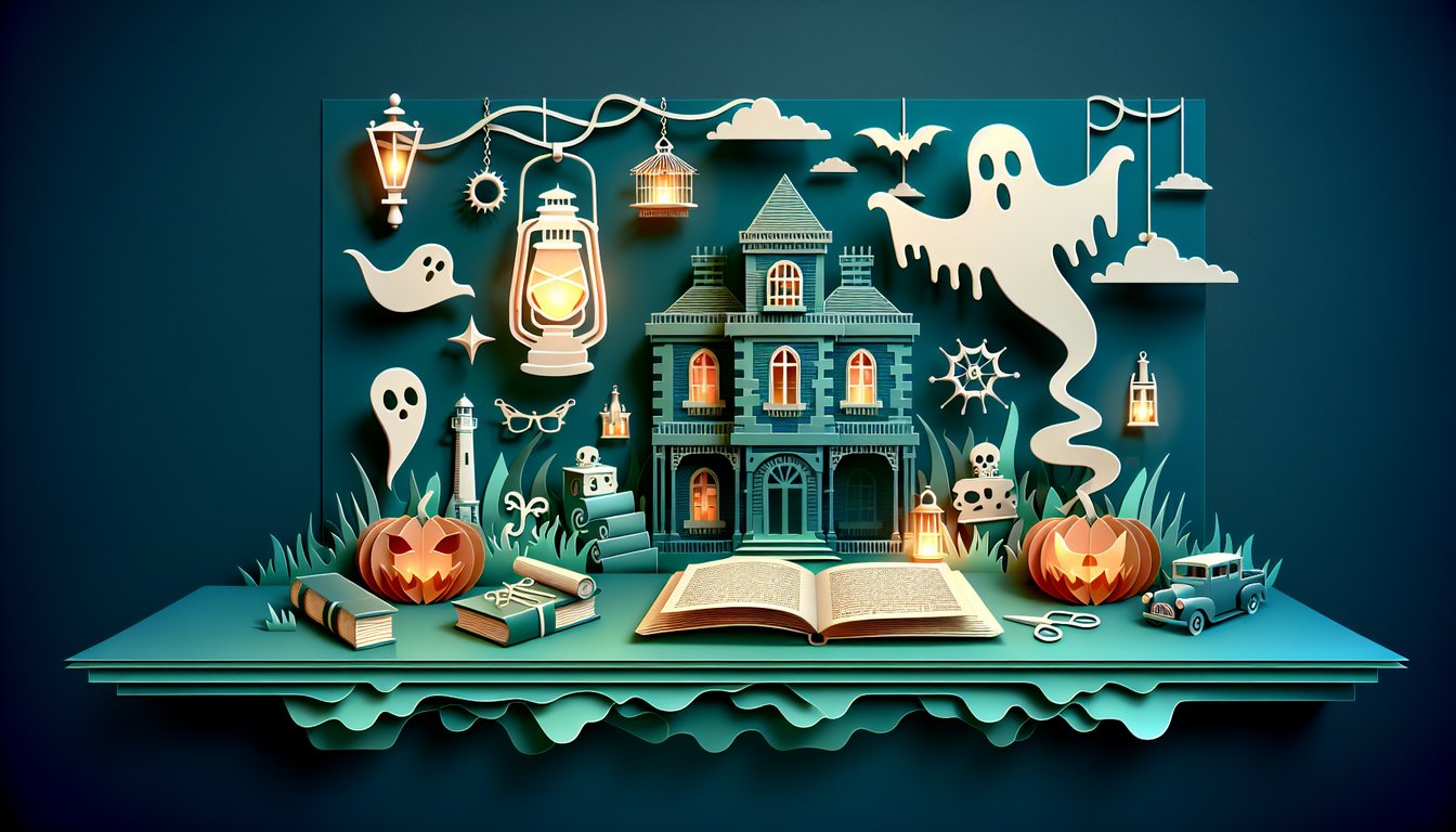 Paper art illustration for ghost trivia quiz on a teal background