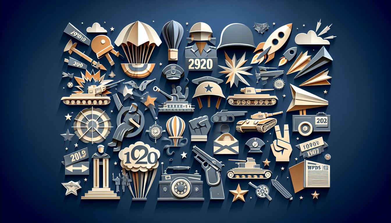 Paper art illustration for 20th century trivia quiz featuring world wars, revolutions, and landmark events on dark blue background