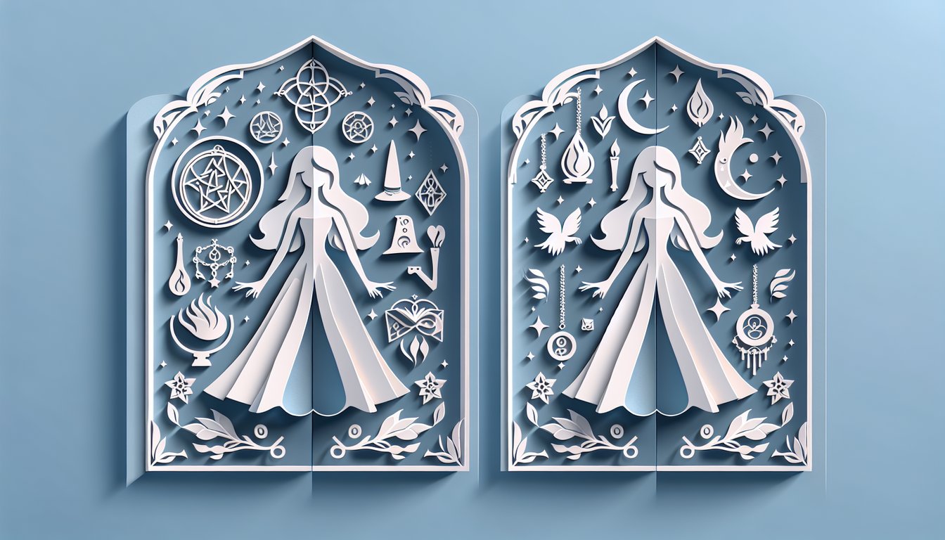 Paper art illustration of two sisters casting spells around a glowing cauldron with magical symbols on sky blue background.