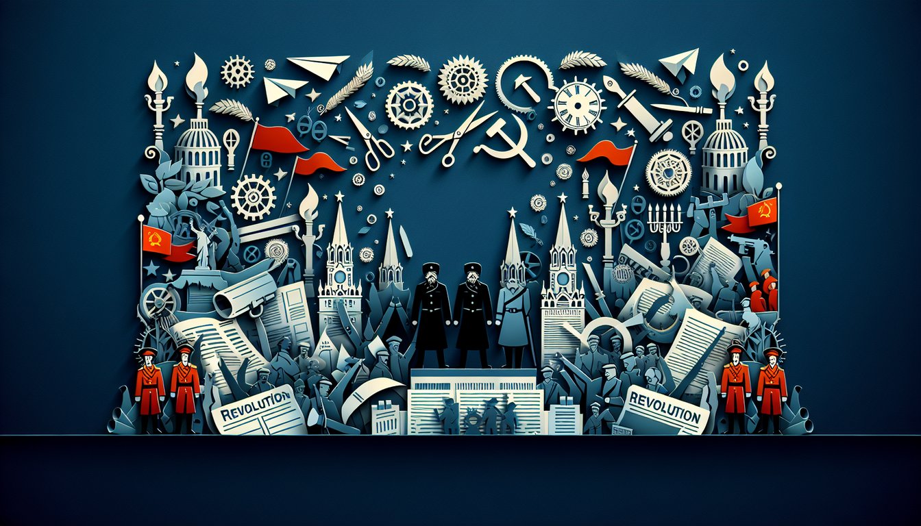 Colorful paper art promoting a trivia quiz on the Russian Revolution for high school students.