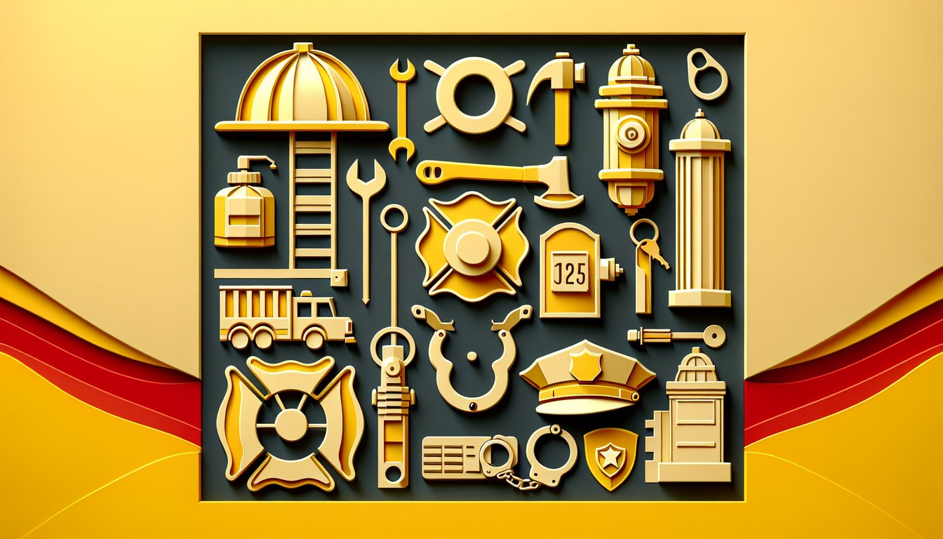 Paper art firefighter helmet and police badge on golden yellow background for firefighting vs law enforcement quiz