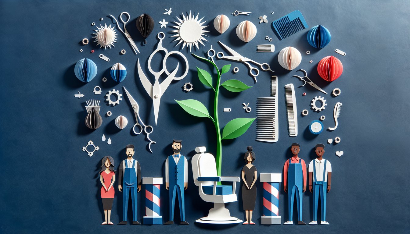 Colorful paper art depicting questions and answers for a Barbershop Employee Training Quiz.