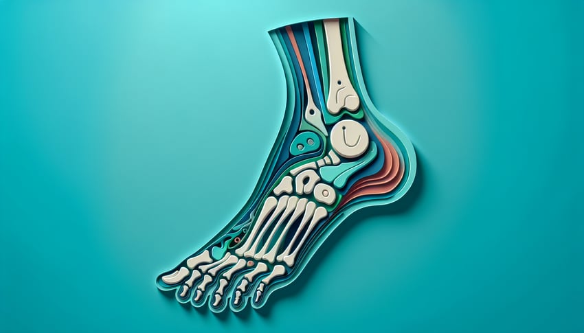 Paper art illustration of foot bones including tarsals and metatarsals on teal background for anatomy quiz