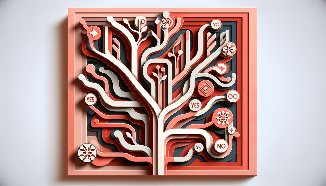 Paper art style illustration of a dichotomous key diagram with branching labels and quiz icons on a coral background
