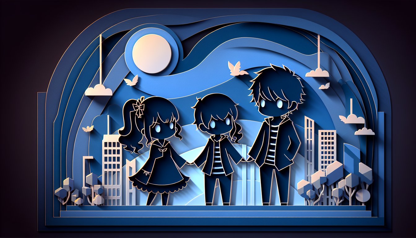 Paper art illustration showing stylized anime couples in cut paper silhouette style on dark blue background for quiz
