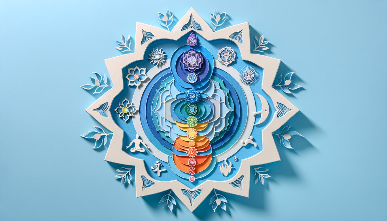 layered paper art human silhouette with seven vibrant chakra circles aligned vertically on sky blue background