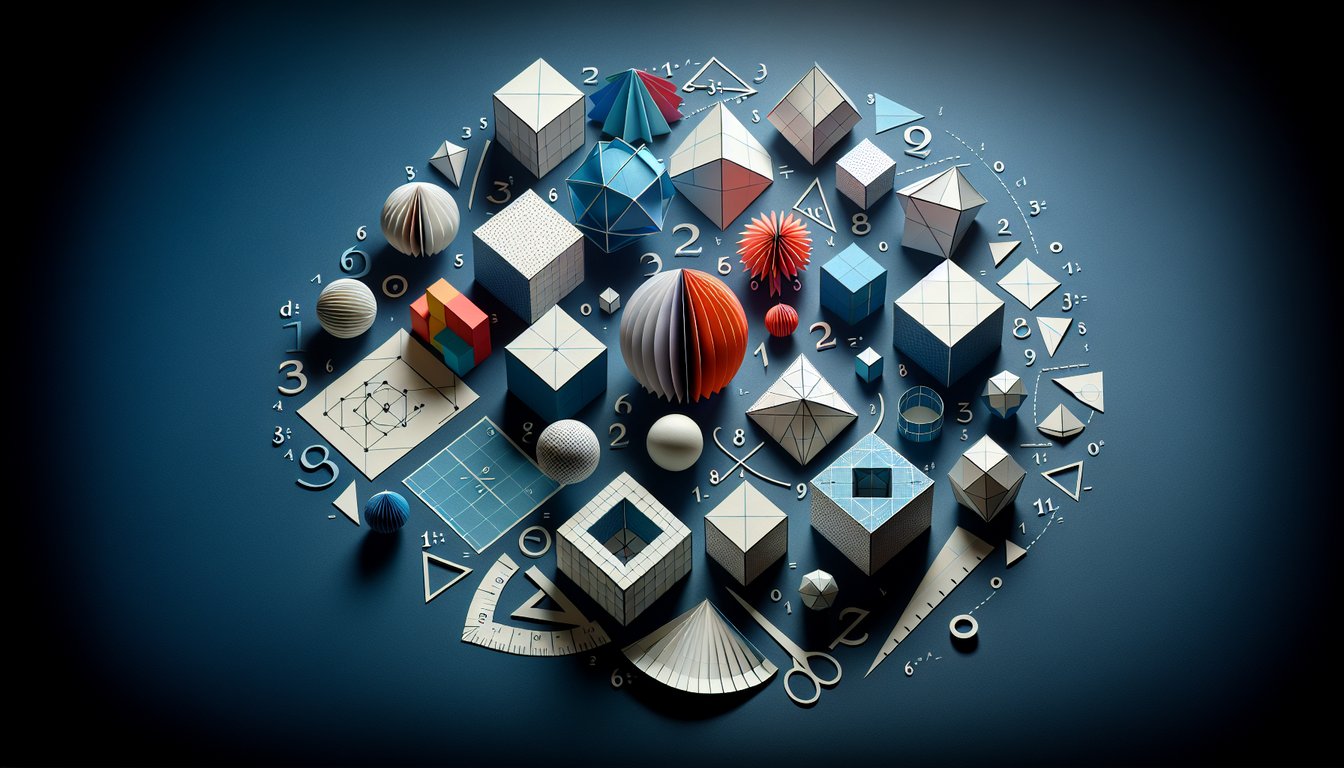 Colorful paper art promoting a high school geometry trivia quiz on volume and surface area.