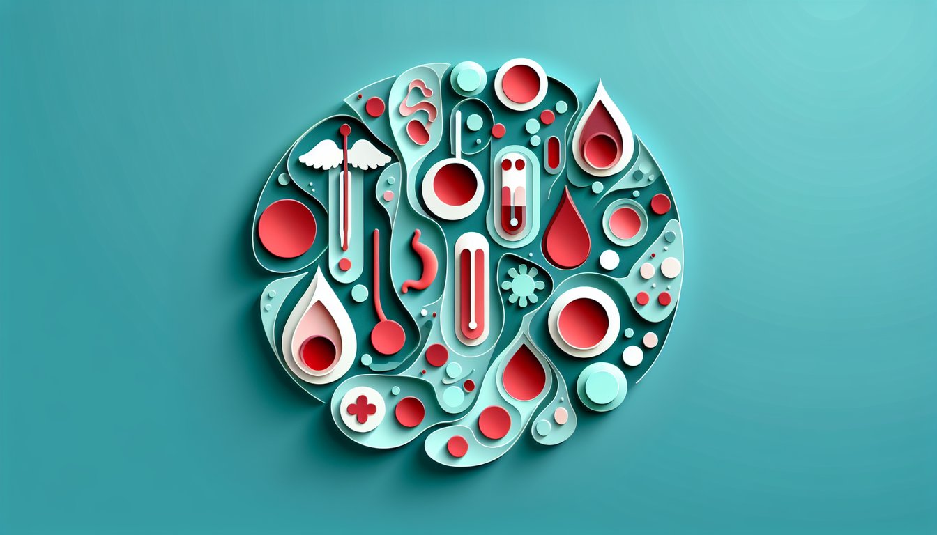 Paper art illustration of red blood cells lymph nodes vessels on teal background with quiz prompt
