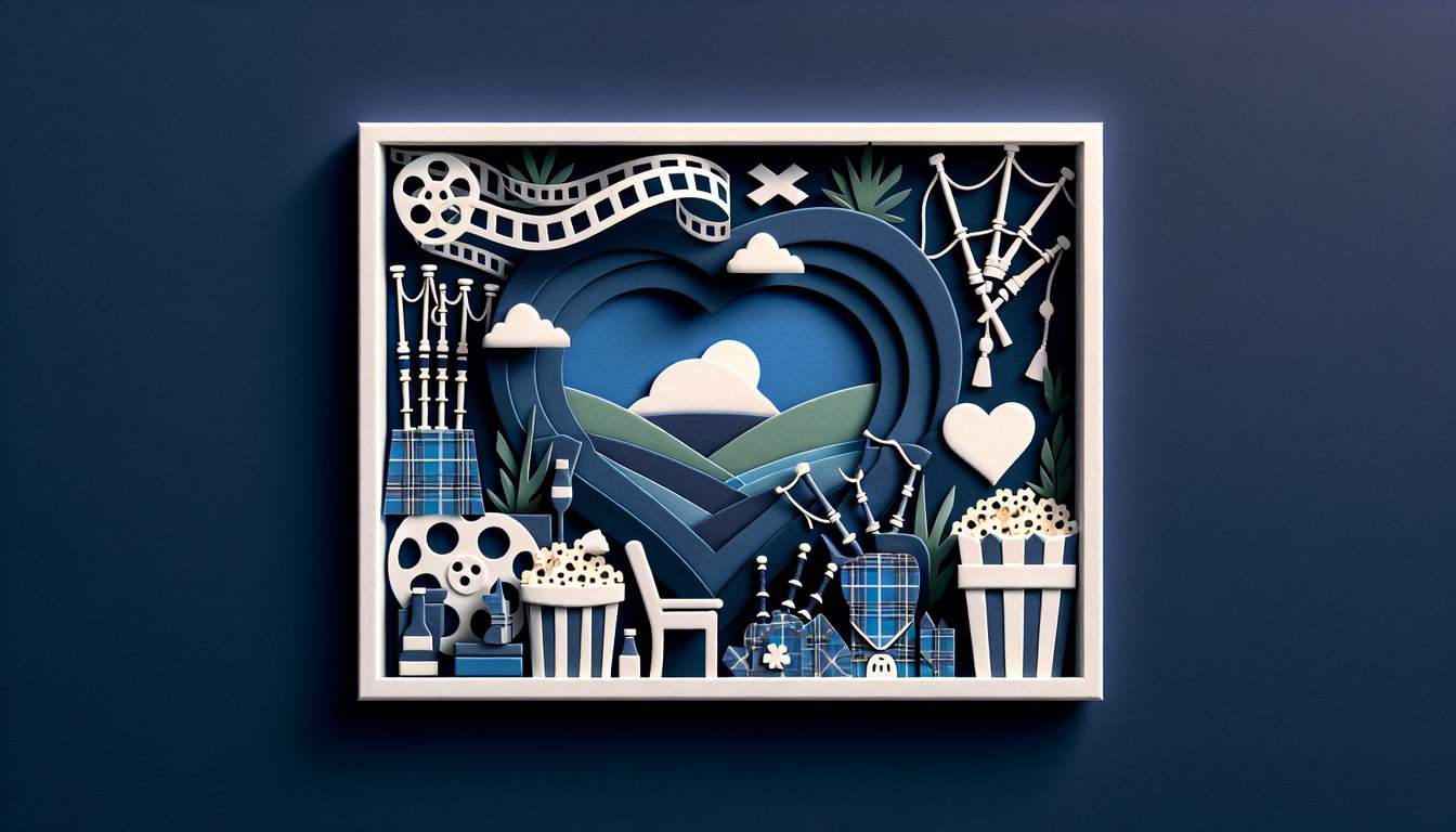 Paper cut film reel hearts and Scottish tartan accents on dark blue background for a romantic comedy movie trivia quiz