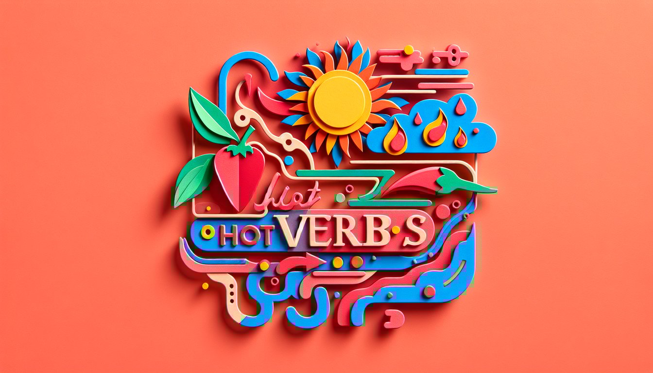 Paper art illustration shows paper letters H O T with arrow shapes and verb icons on coral background for a hot verbs quiz