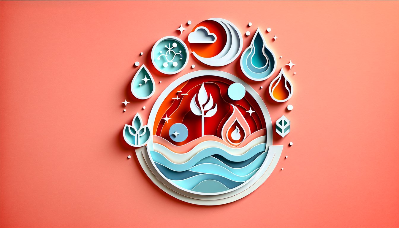 paper art illustration of four elemental symbols water flame earth air on coral backdrop quiz invitation