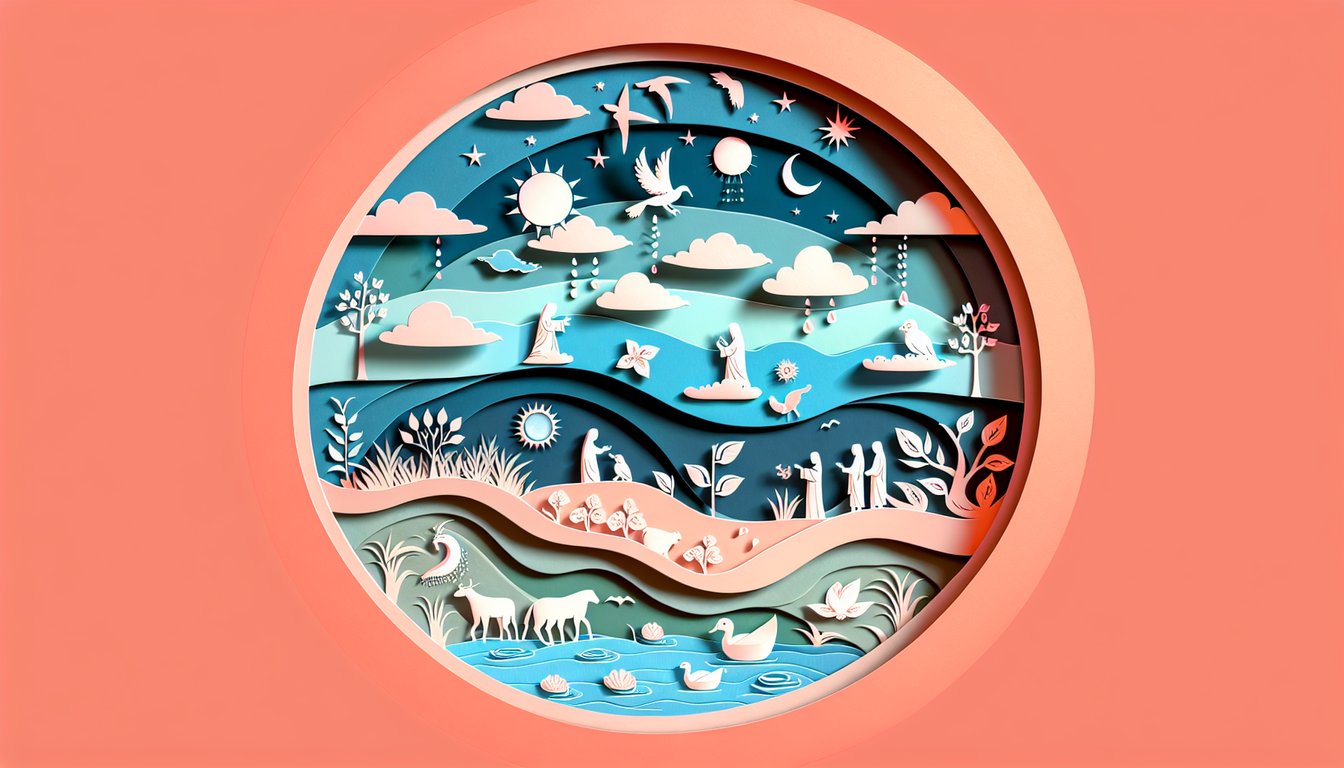 Papercraft scene showing seven days of creation symbols sun, moon, stars, plants, fish, birds, animals on coral background