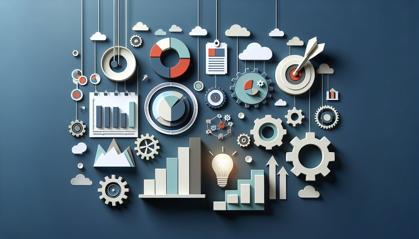 Paper art illustration of charts graphs and icons for marketing planning quiz on dark blue background