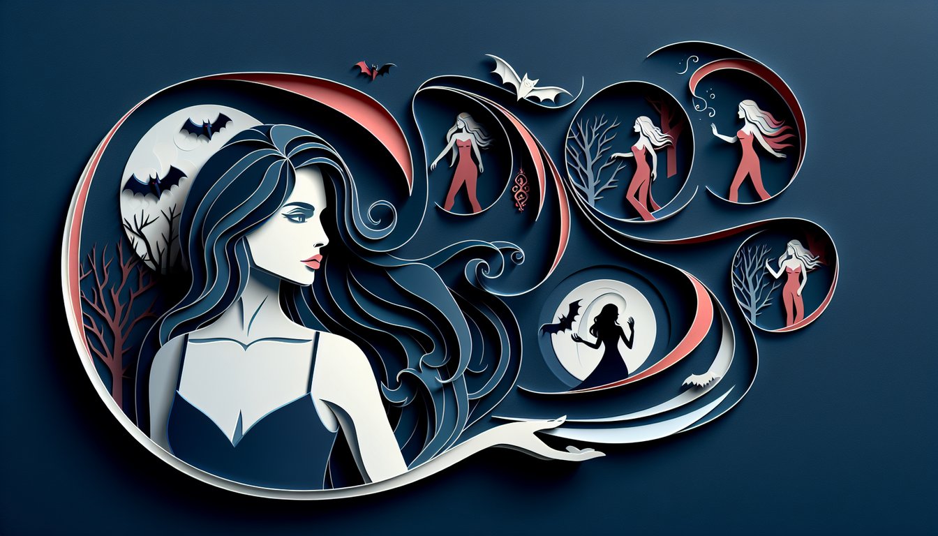 Paper art illustration of quiz to test Bella Swan knowledge from dads name to vampire powers on dark blue background