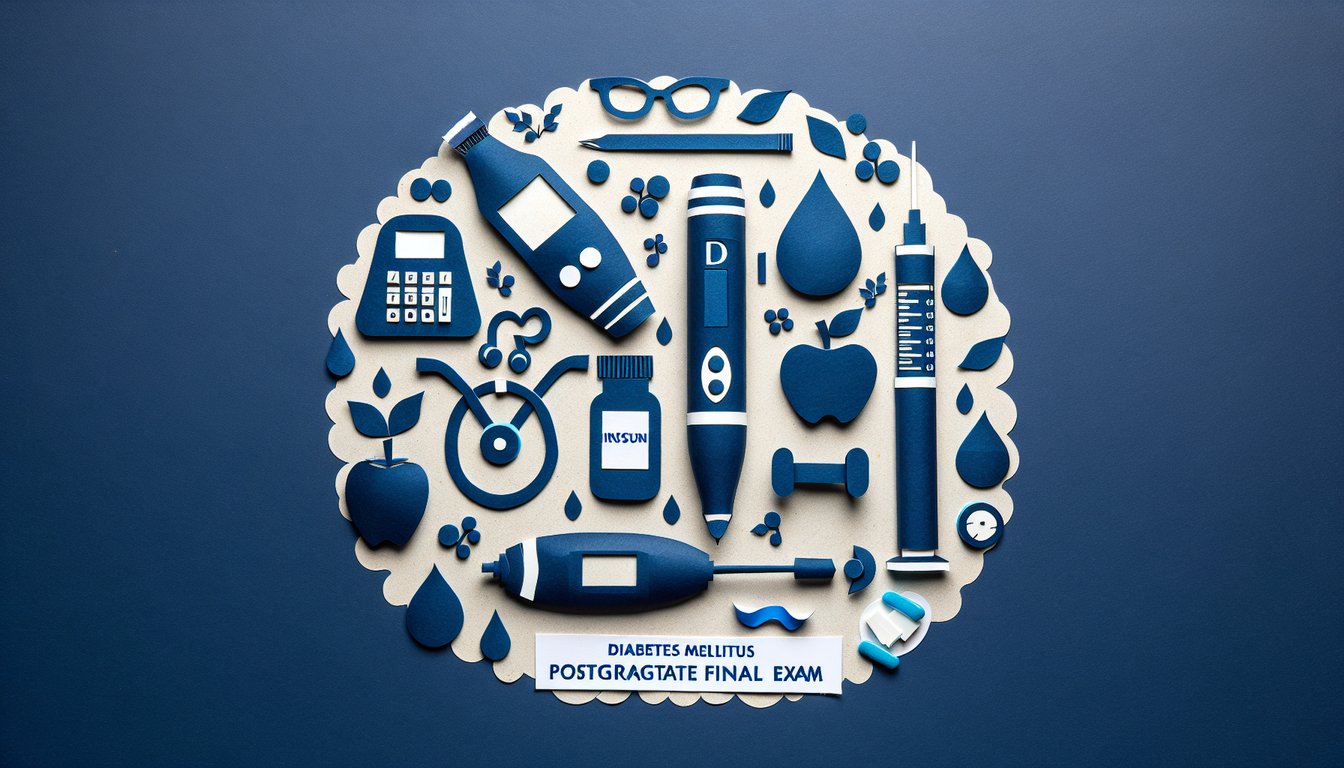Colorful paper art illustrating a quiz on Diabetes Mellitus Postgraduate Final Exam