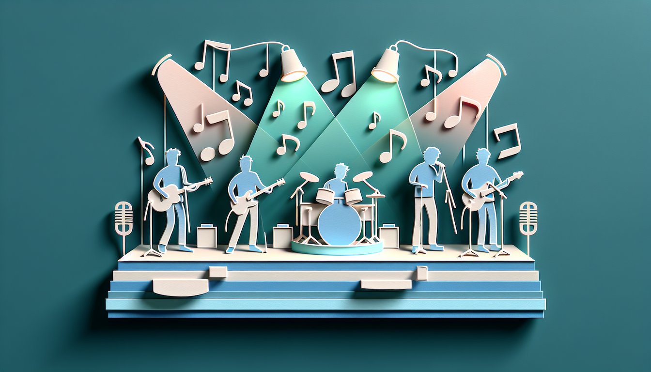 Paper art Jonas Brothers quiz illustration on teal background highlighting ethnicity, career milestones, fun trivia.