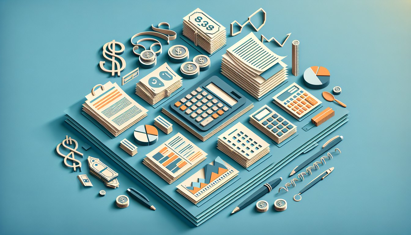 Paper art calculator document coins bar chart and compass on sky blue background representing tax audit advisory quiz