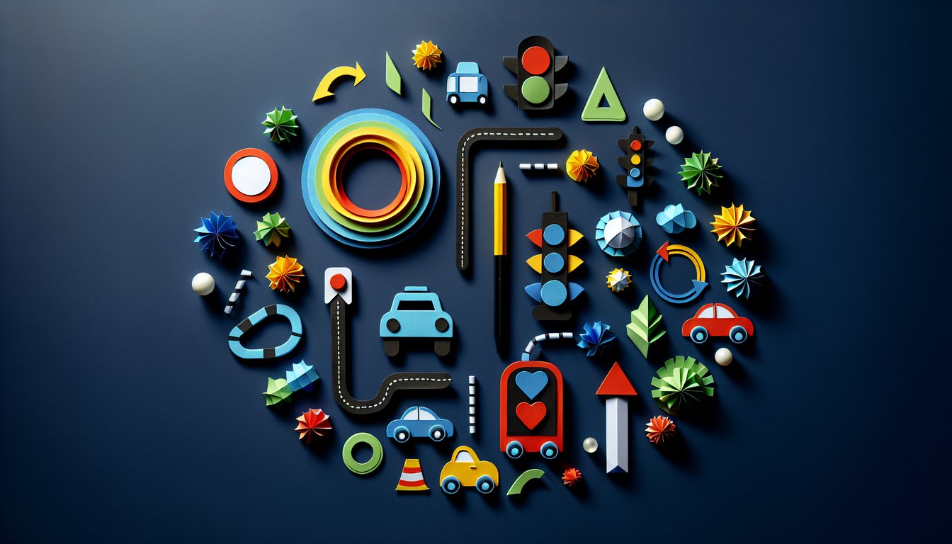 Colorful paper art promoting a Driving Theory Practice Quiz.