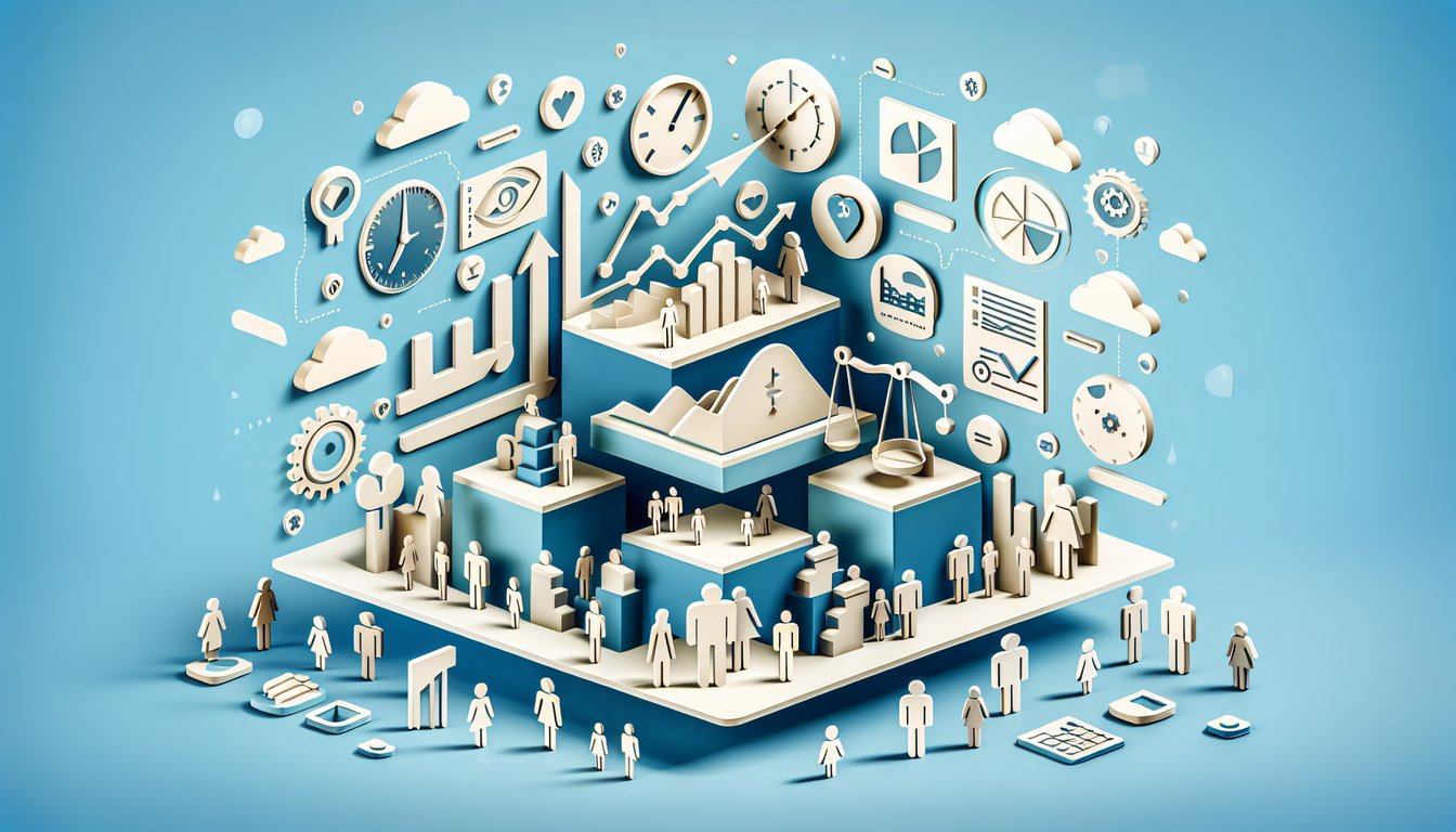 Paper art quiz invite on sky blue background with trading icons charts and arrows to discover your unique trader style