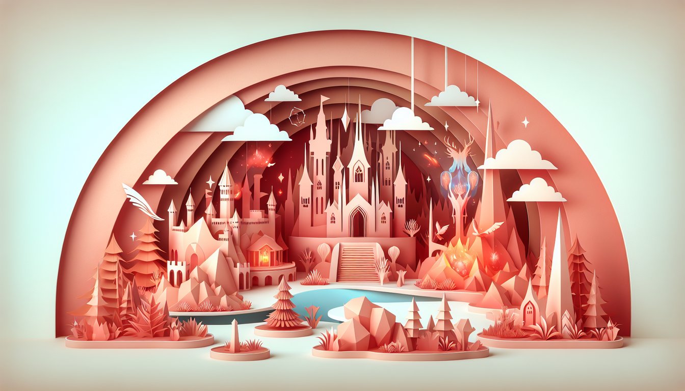Paper art illustration for a Final Fantasy themed personality quiz on a coral background