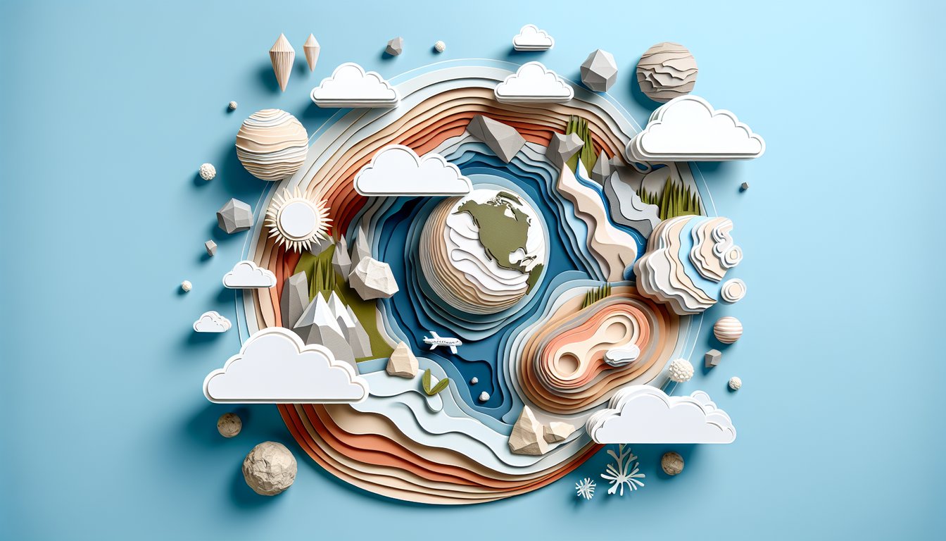 Paper art illustration with layered rock leaf water and sun icons inviting free Earth Science quiz on sky blue background