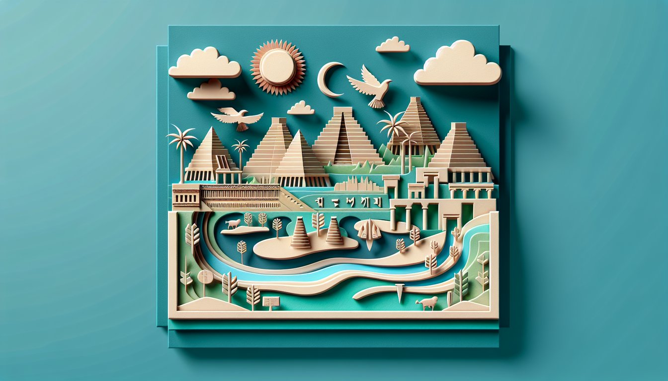 Teal background with paper art ziggurat, cuneiform tablet, question mark evokes free ancient Mesopotamia quiz
