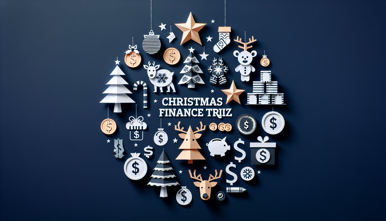 Colorful paper art displaying questions for Christmas Finance Trivia Quiz
