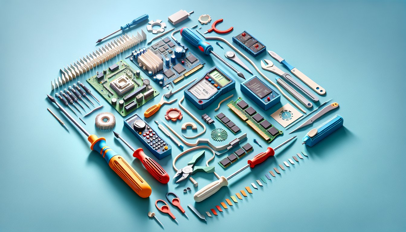 Paper art of PC parts tools and quiz icons on sky blue backdrop for CompTIA A plus troubleshooting model quiz