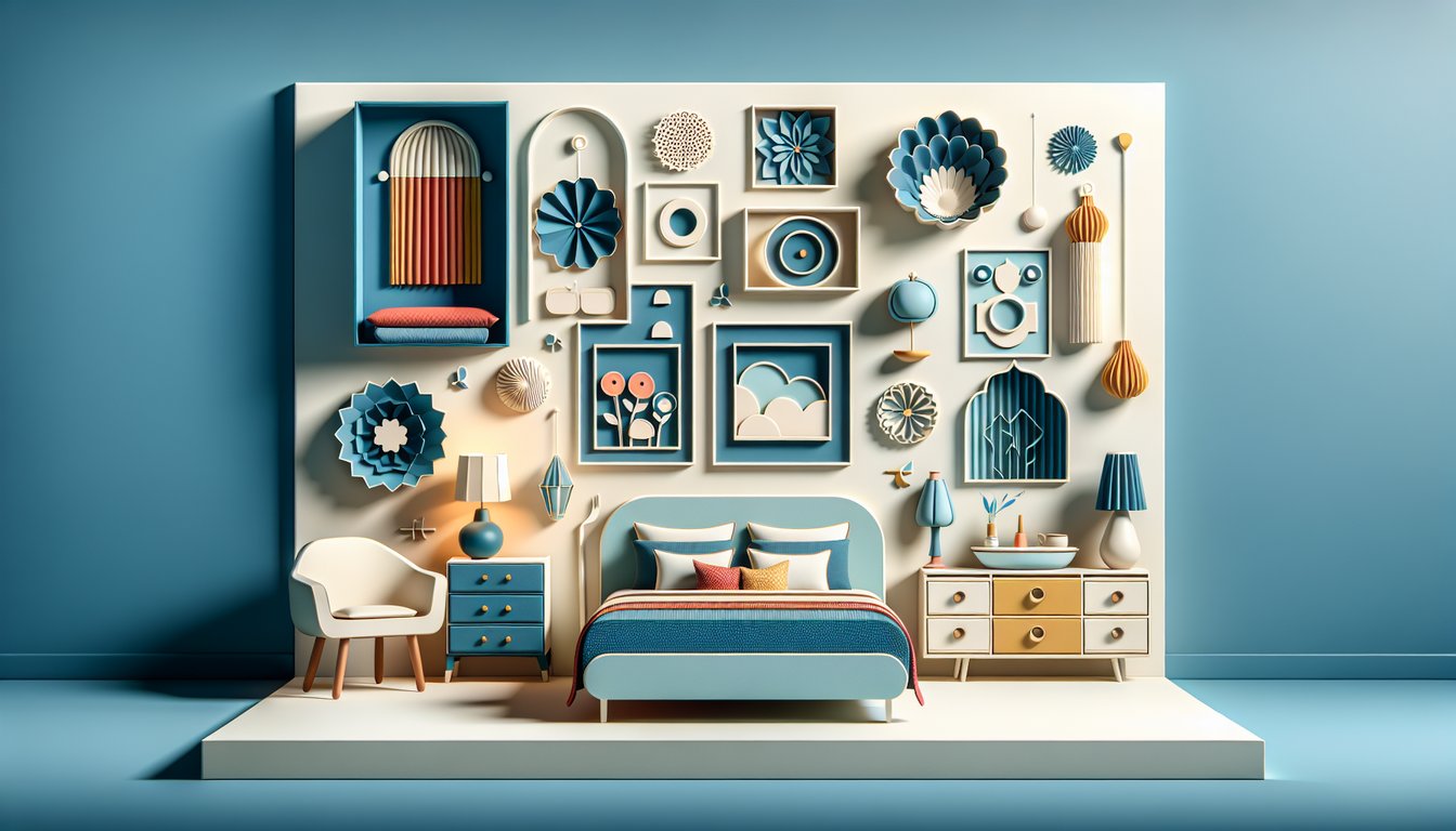 Paper art style stylized bedroom scene with bed shelves plants and lamp on sky blue background for decor personality quiz