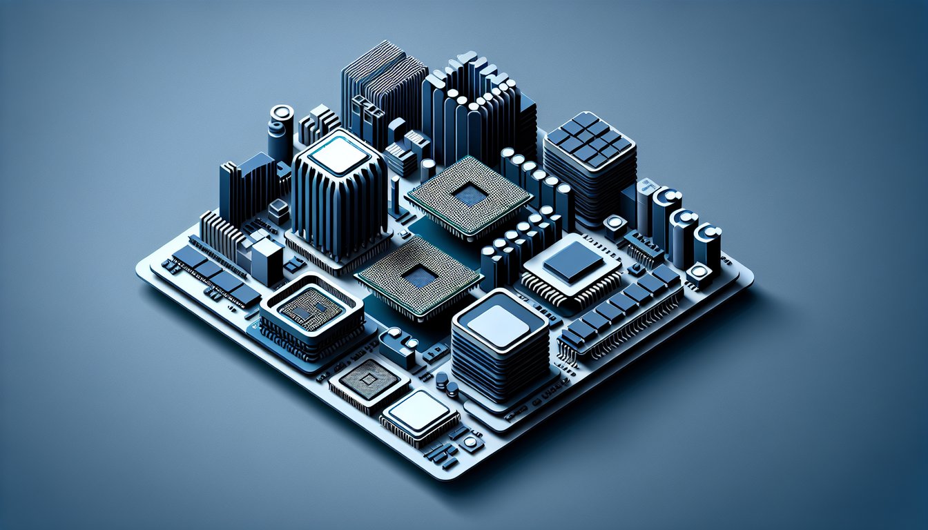 Paper art illustration showing CPU GPU RAM motherboard components on dark blue background for hardware quiz.