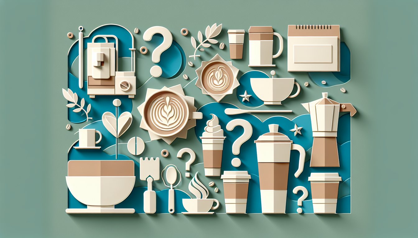 paper art illustration of coffee cups latte art beans and recipe cards on teal background representing a barista skills quiz
