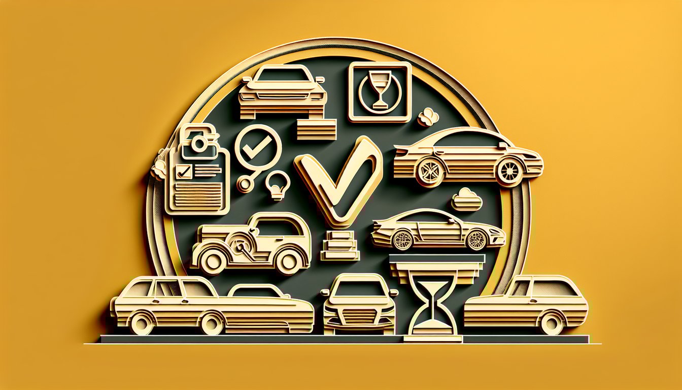 Paper art collage showing stylized car icons and question marks on golden yellow background.