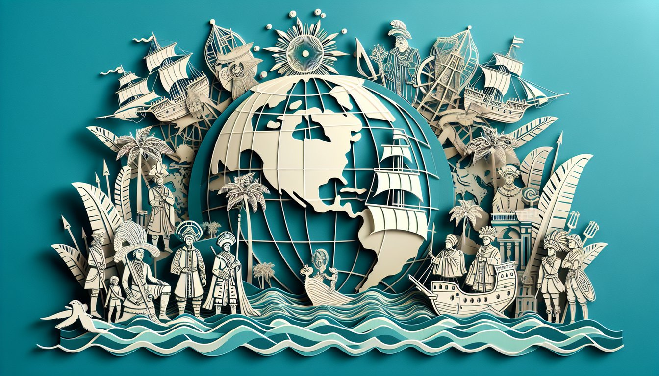 Paper art world map with colonial ships compass rose flags books on teal background for AP World History empire quiz