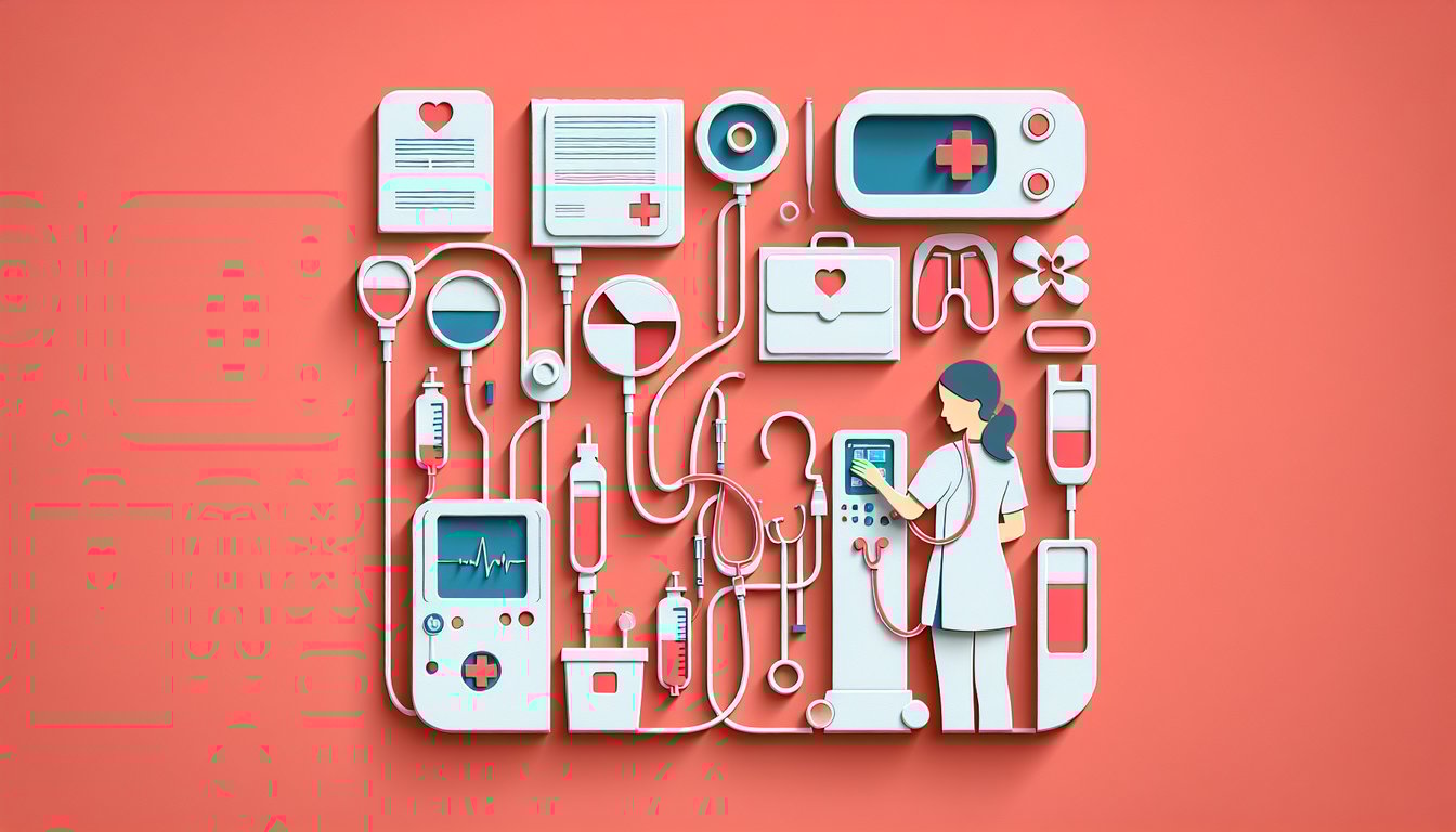 Paper cut illustration of nurse hands connecting dialysis tubing and kidney shape on coral background