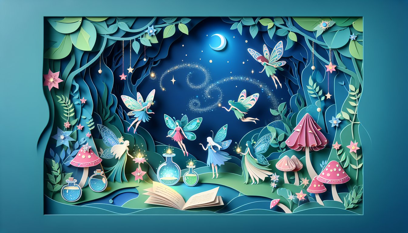 Paper art illustration for a Tinker Bell Friends personality quiz on a dark blue background.