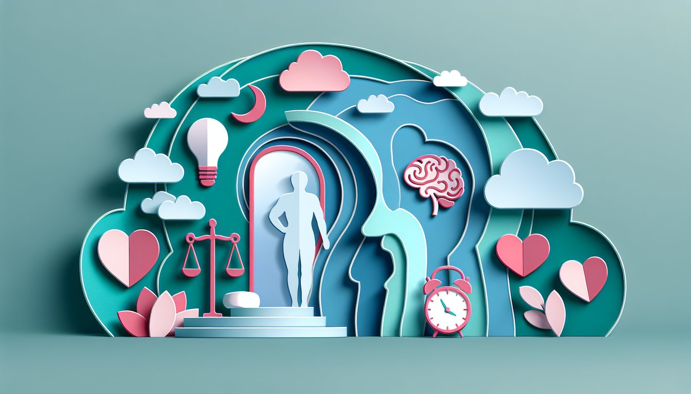 Paper art illustration for body image and confidence quiz on teal background