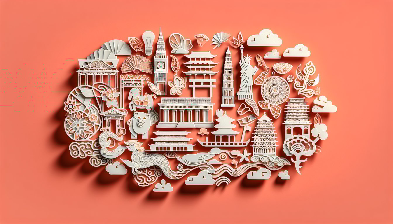 paper art globe collage with landmarks and cultural icons on coral background for nationality quiz